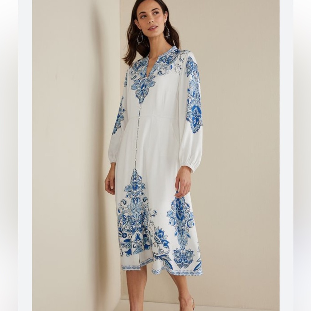 Soft Surroundings White Midi Dress with Blue Paisley Print